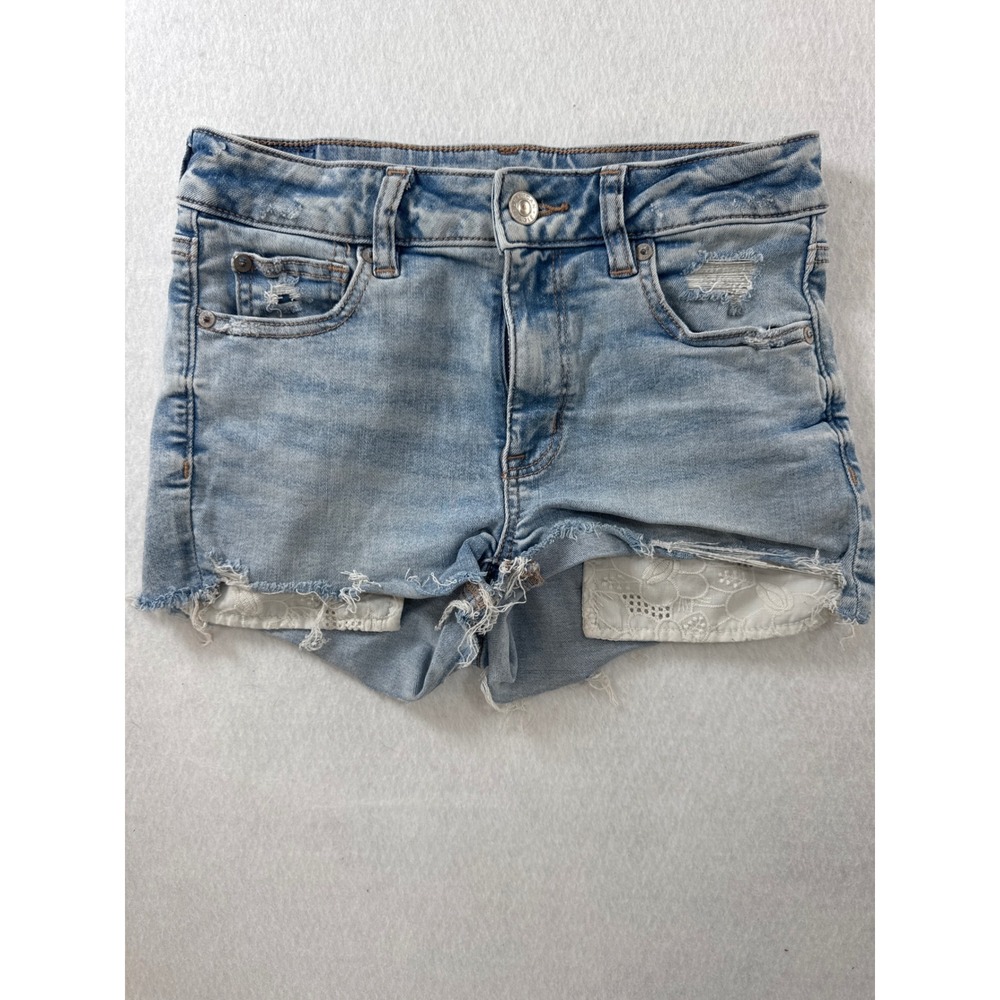 American Eagle Next Level Stretch Distressed Lace Pocket Denim Shorts Womens 2
